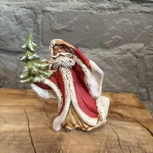 Whimsical‎ Vintage Ceramic Windblown Santa Holding Tree Unmarked, Textured 6"